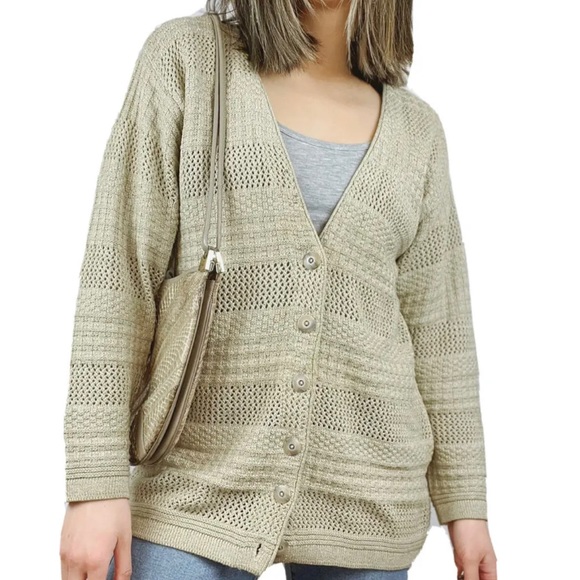 Vintage 90s LizSport Womens Size Medium Textured Oatmeal Tan Cardigan Sweater - Picture 2 of 8